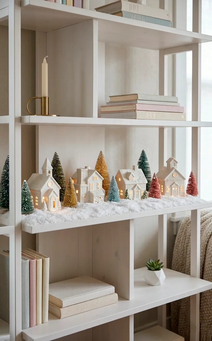 Minimalist white ceramic Christmas village houses on a bookshelf with faux snow.