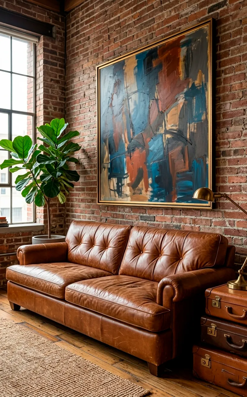 Distressed cognac leather sofa in a spacious Neo-Industrial loft.
