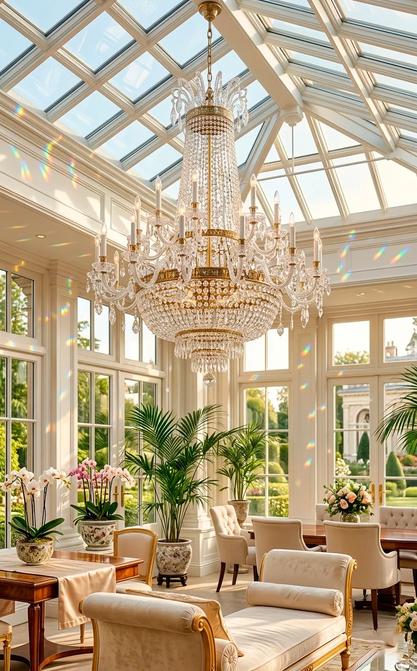 Large crystal chandelier hanging from a glass ceiling in a Victorian sunroom.