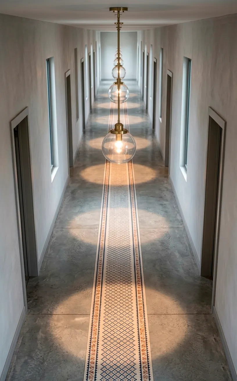 Row of four globe pendant lights installed along a long modern hallway.
