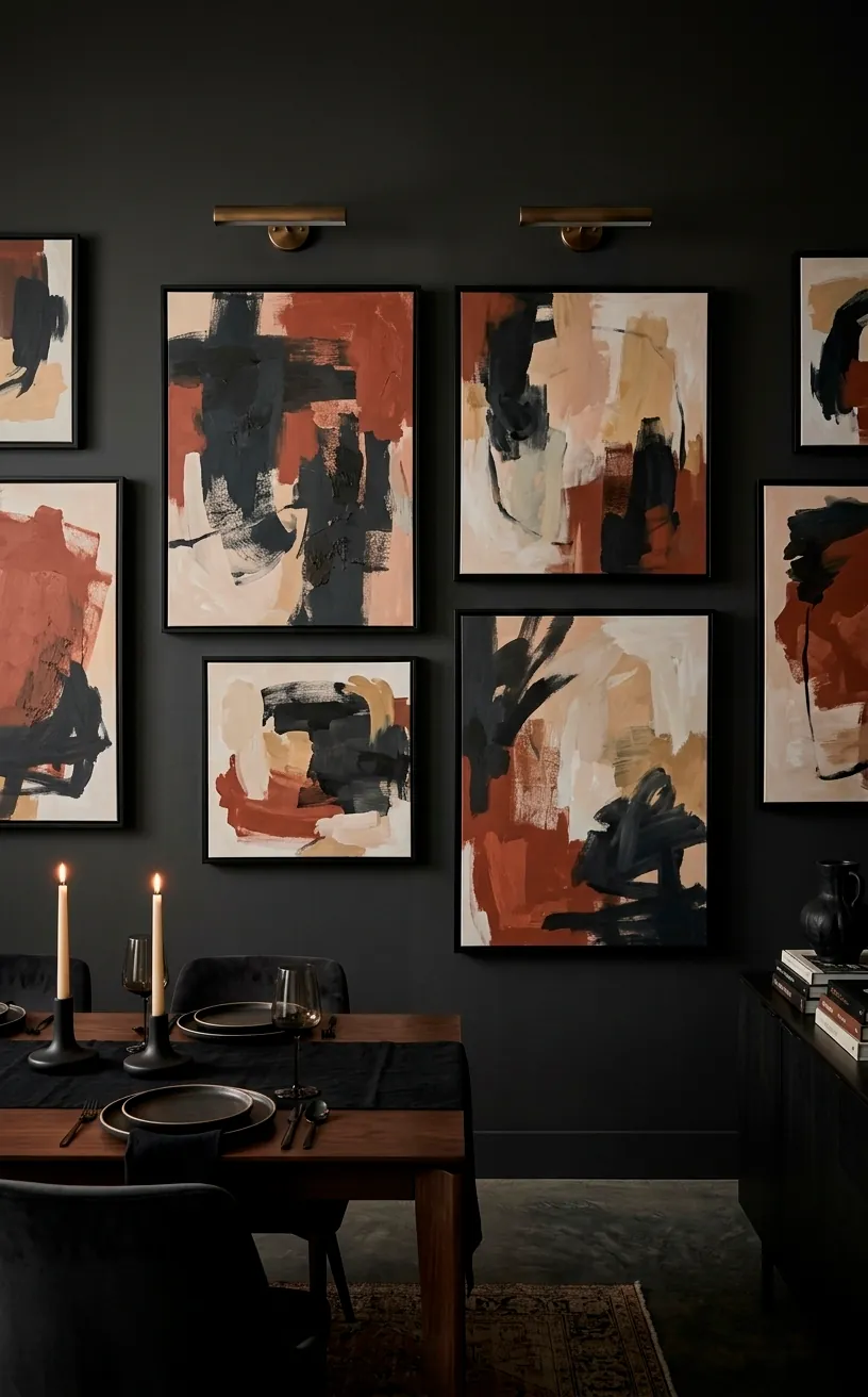 Gallery wall with muted abstract art in black frames on a dark interior wall.
