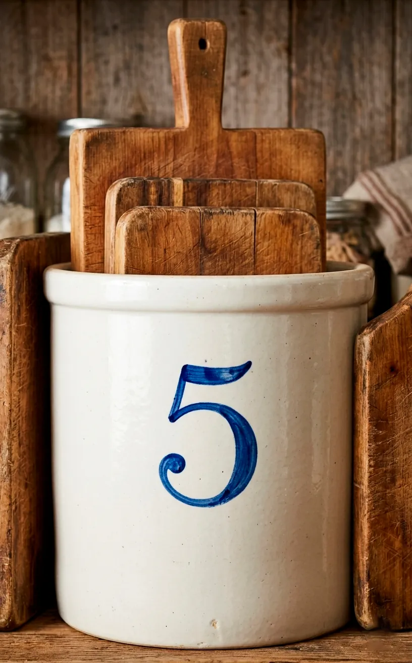Vintage ceramic crock holding wooden cutting boards in a farmhouse pantry.