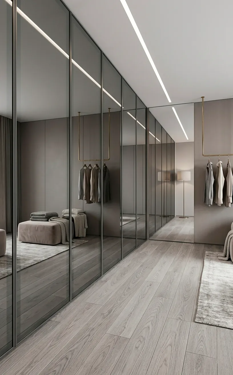 Dressing room cabinets with smoke-grey tinted mirror doors for added depth.