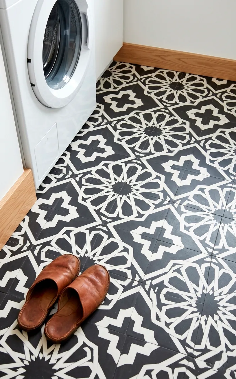 Black and white geometric patterned floor tiles in a bright laundry room.