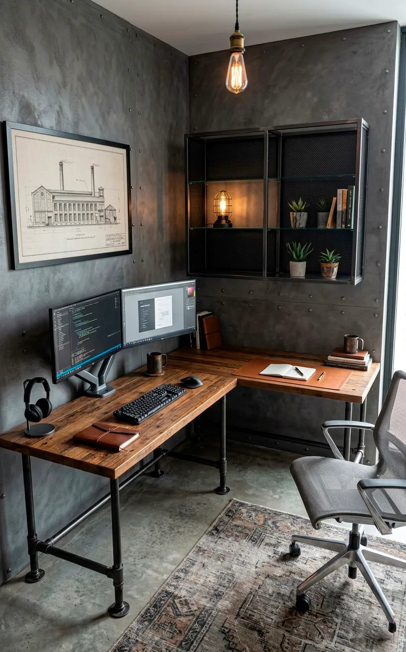 An industrial L-shaped corner desk maximizing workspace in a small home office.