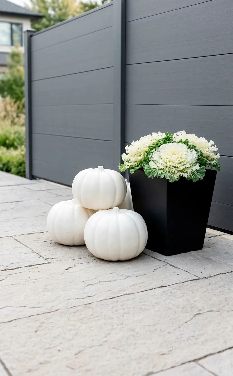 Three white pumpkins arranged on a modern stone patio with white ornamental kale.