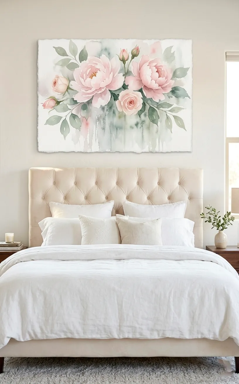 Large watercolor floral canvas with pink peonies above a bed in a bright bedroom.