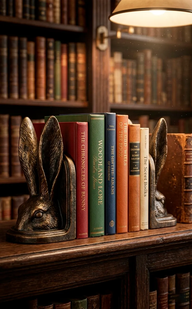 Antique bronze rabbit ear bookends supporting books on a wooden shelf.