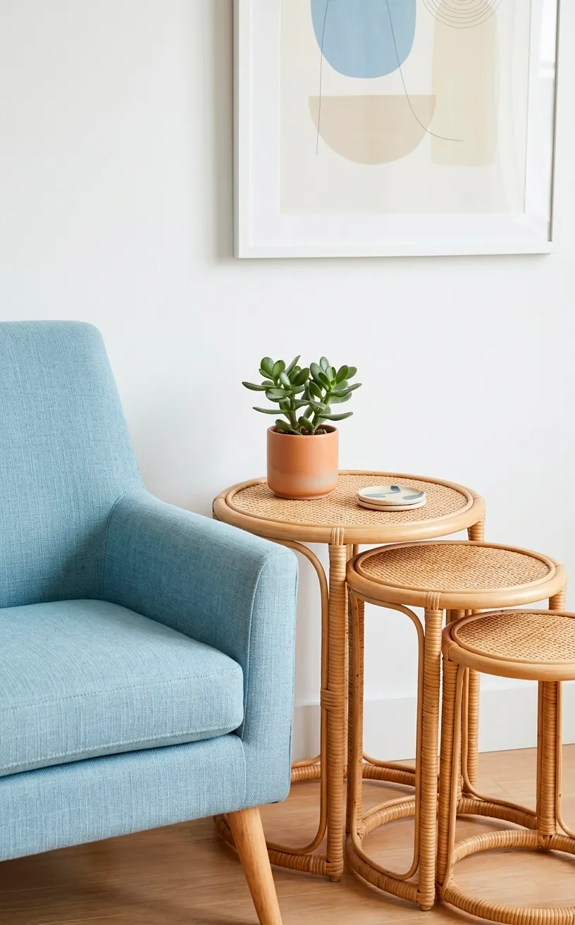 Set of three nesting rattan side tables of different sizes next to a blue armchair.