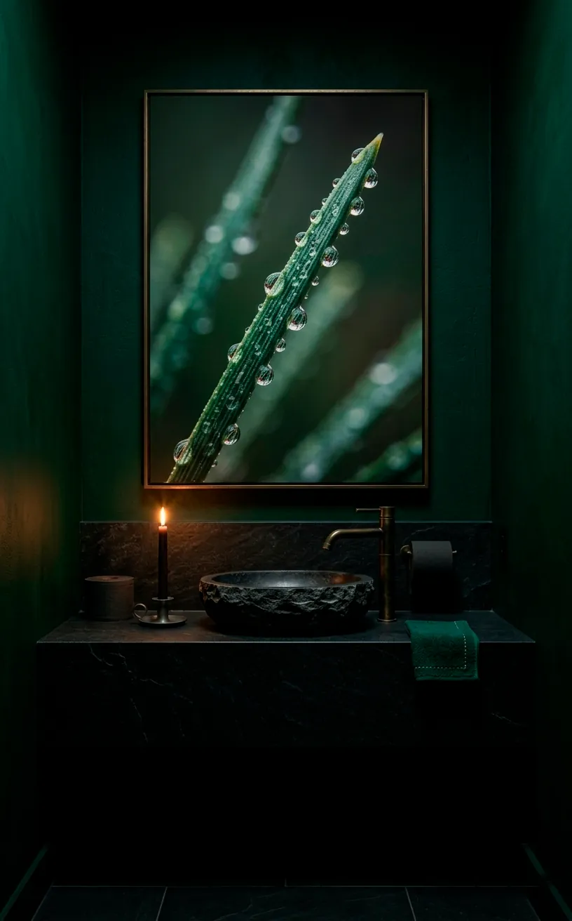 Large macro forest photography print in a dark emerald bathroom.