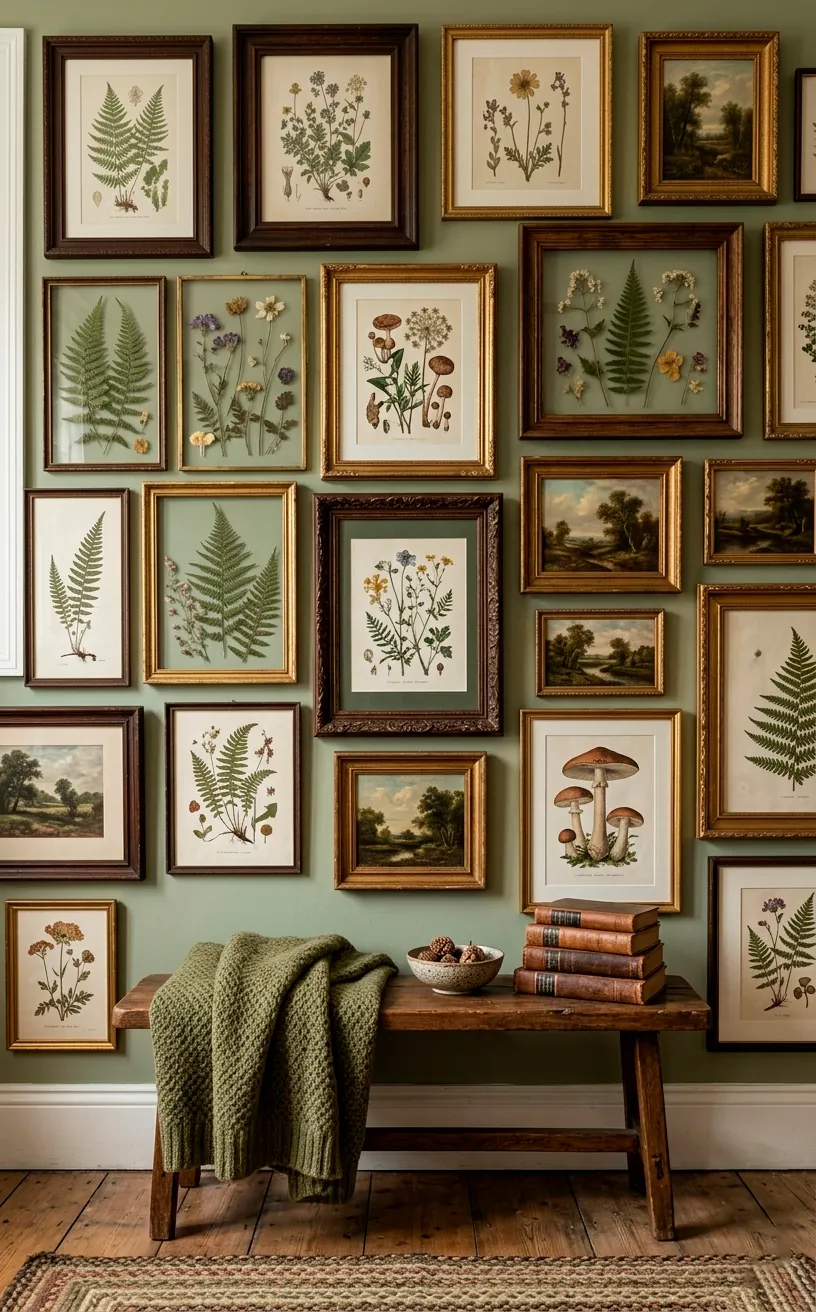 Gallery wall with framed botanical prints and pressed flowers in a mix of wood and gold frames.