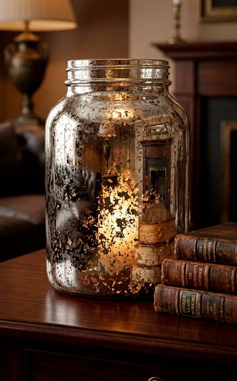 DIY mercury glass vase with a mottled metallic finish on a dark wood table.
