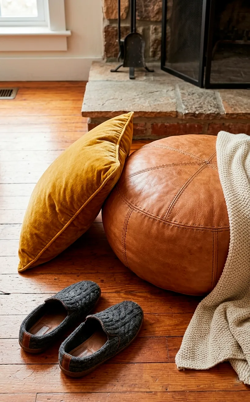 Leather pouf and velvet pillow detail on a wooden floor near a fireplace.