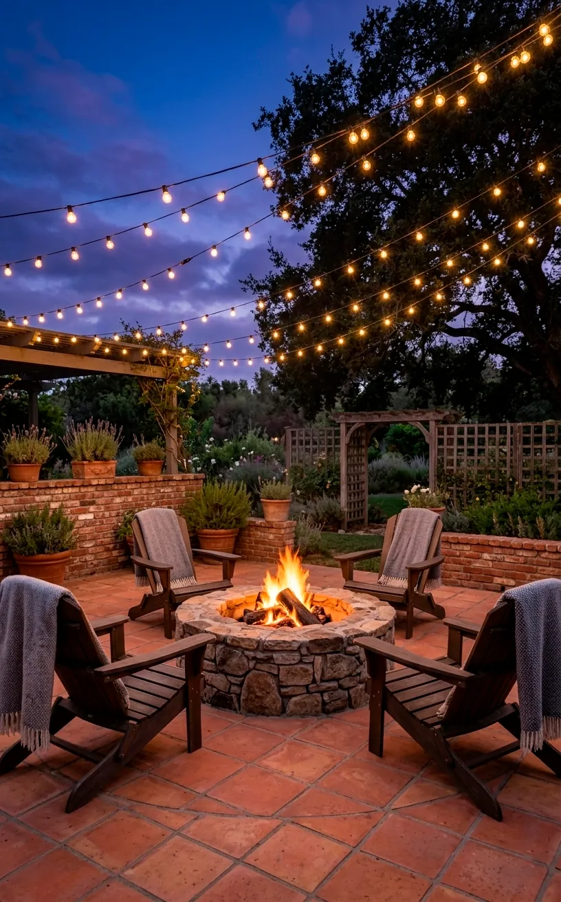 Evening fire pit lounge with terracotta pavers and cozy Adirondack chairs.