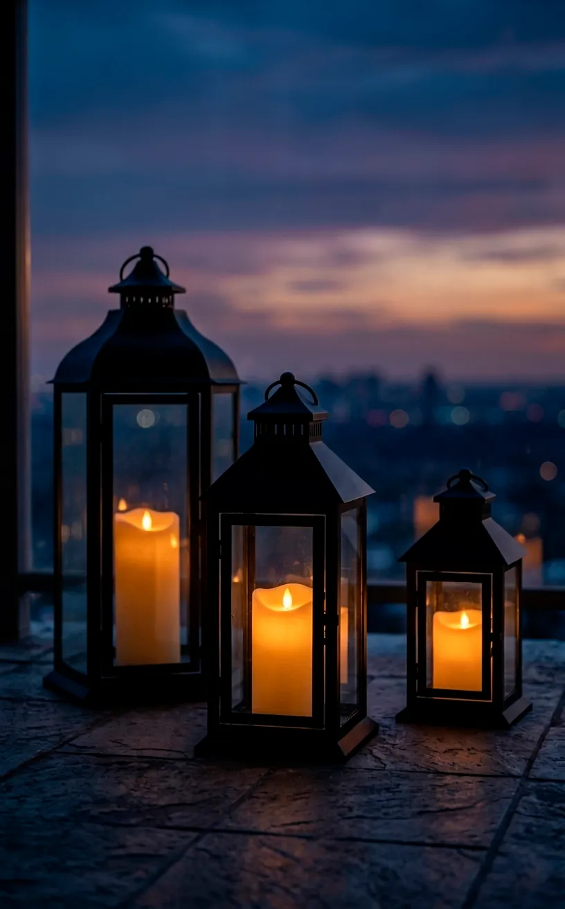 Three black metal lanterns with flickering LED candles on a balcony at twilight.