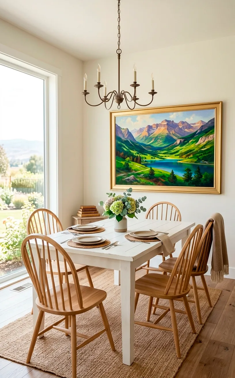 A bright and luminous dining room with White Dove walls and white furniture.