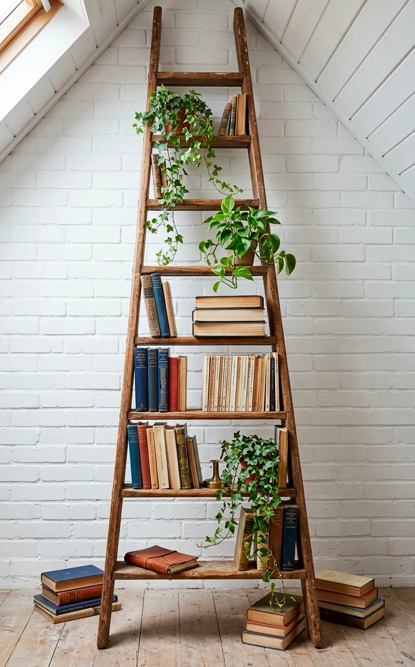 Rustic wooden ladder used as a creative bookshelf in an eco-friendly loft.