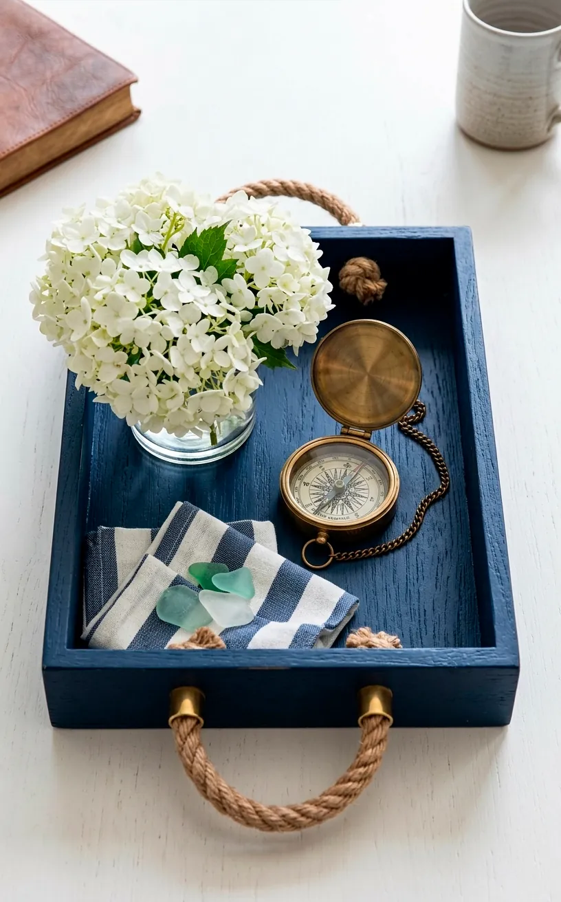 Navy blue tray with rope handles and brass nautical decor.