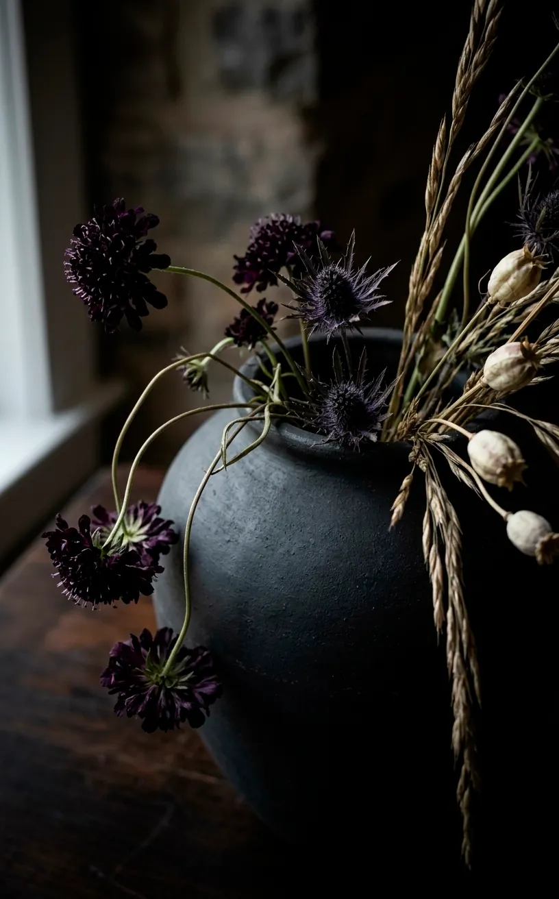 Close up of dried plum flowers in a dark textured vase.
