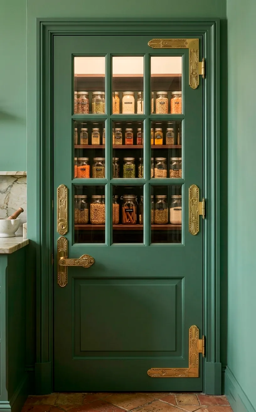 Art Deco brass handles on a custom green pantry door with glass panels.