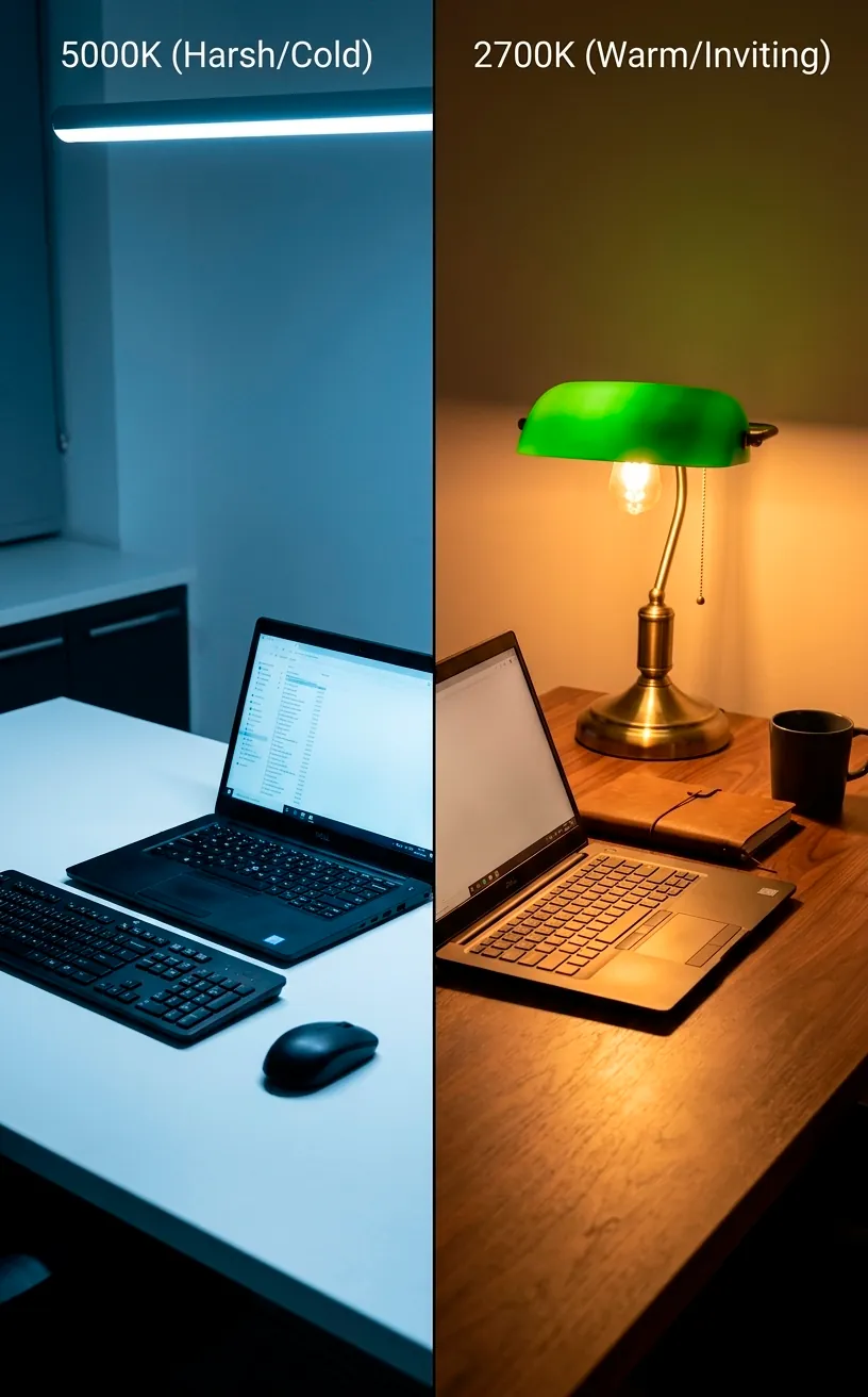 Comparison of harsh cool lighting versus warm 2700K office lighting.