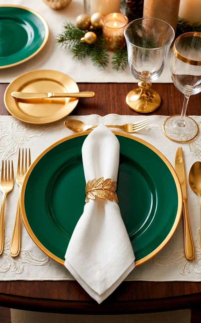 Emerald green dinner plate with a gold laurel leaf napkin ring.