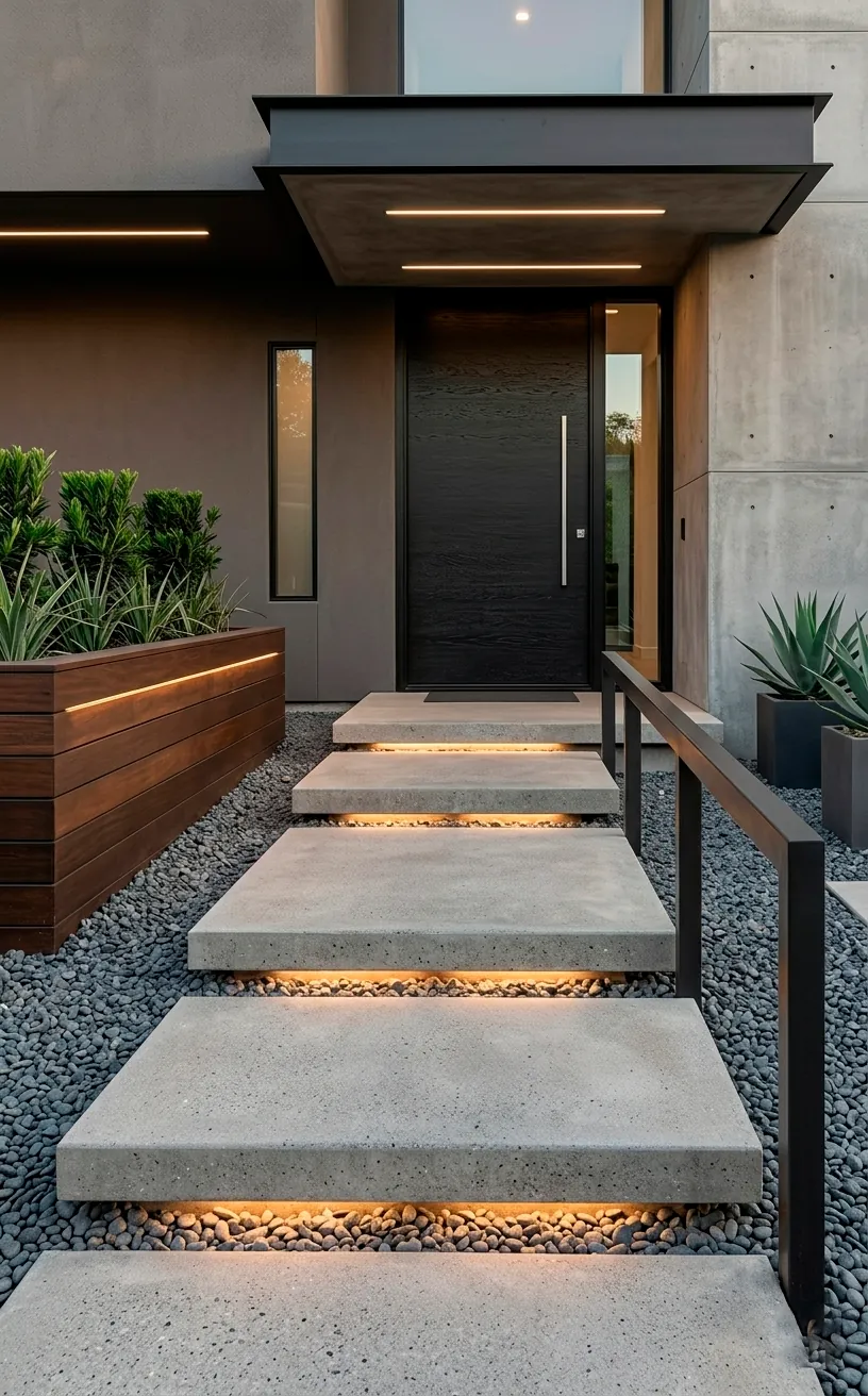 Modern entrance with floating concrete steps and a minimalist garden.
