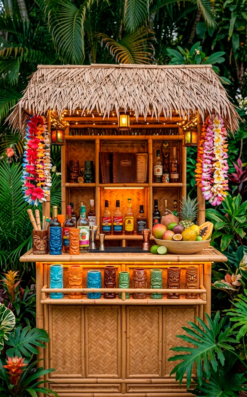 Tiki mini bar with bamboo hutch and ceramic parrot mugs.