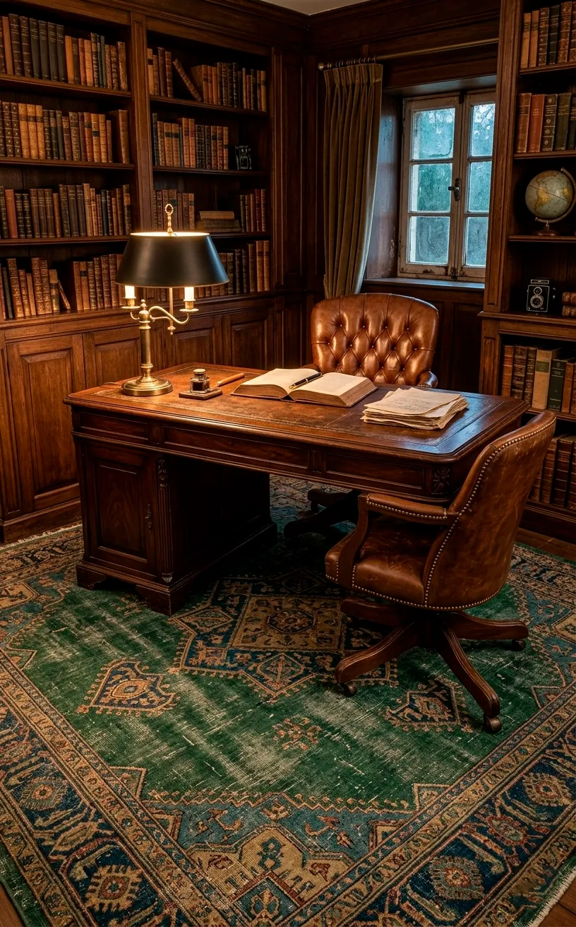 Vintage study with a distressed forest green oriental rug and mahogany desk.