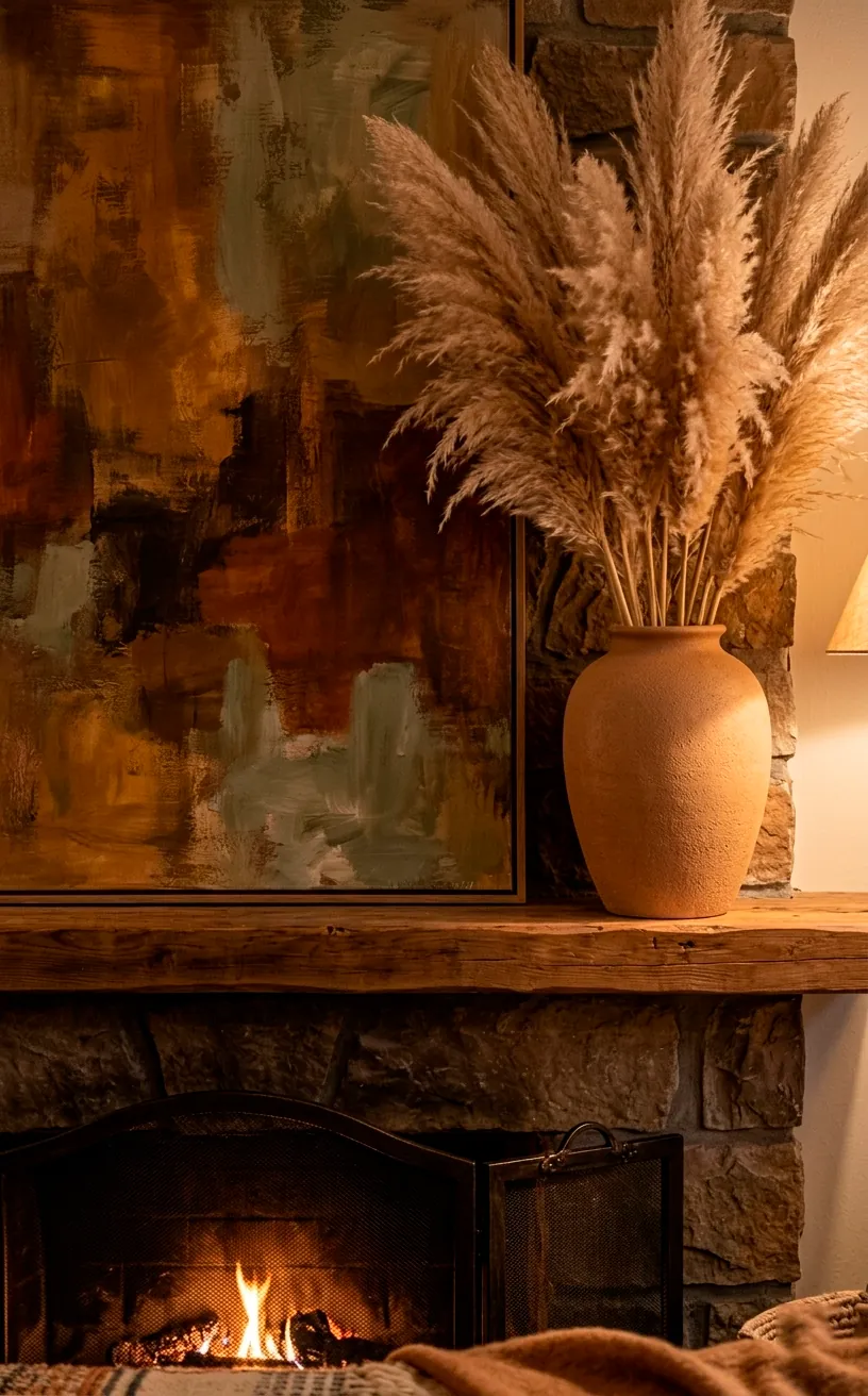 Earth-toned abstract art and pampas grass on a fireplace mantel.