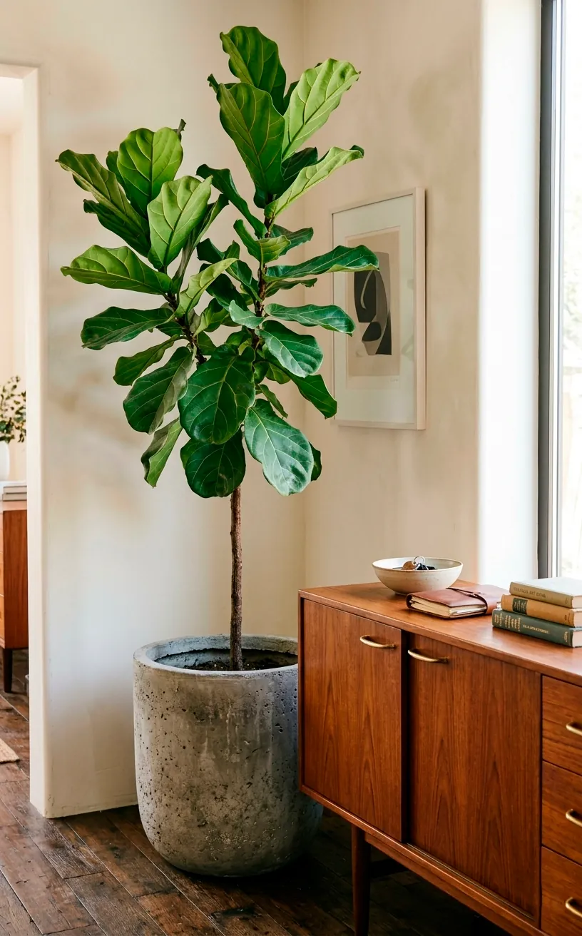 Concrete planter next to a mid century teak sideboard with a green plant.