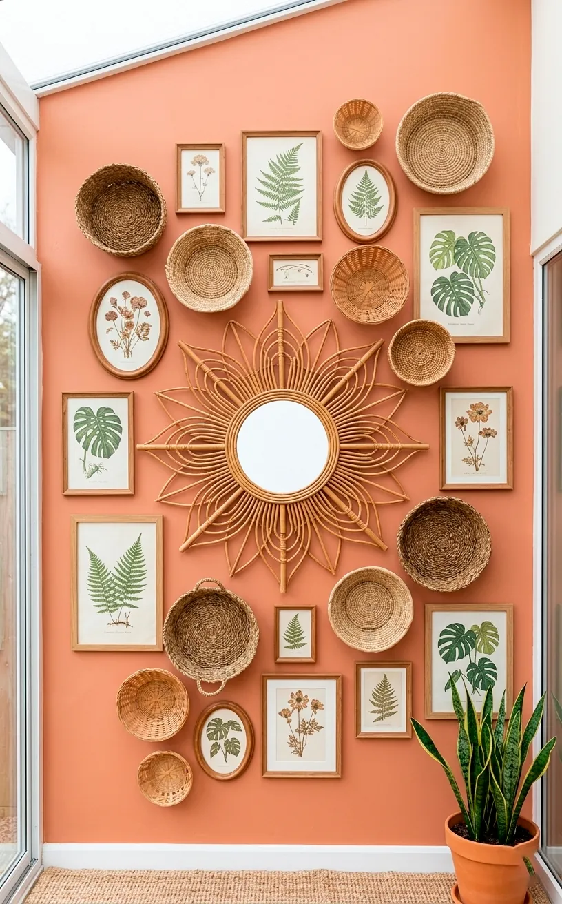 A sunburst rattan mirror hanging on a wall as part of a boho gallery display.