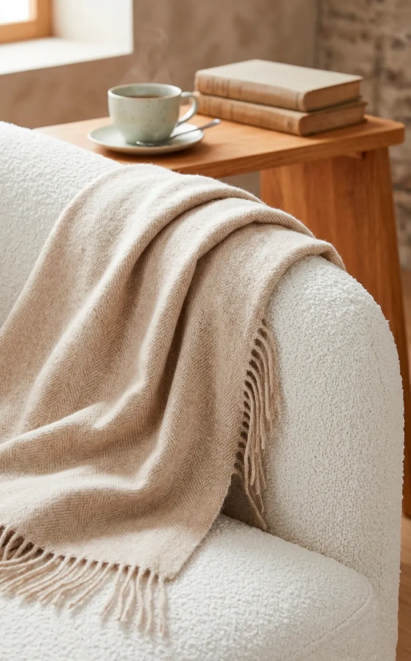 Soft oatmeal cashmere throw blanket draped over a white designer sofa.