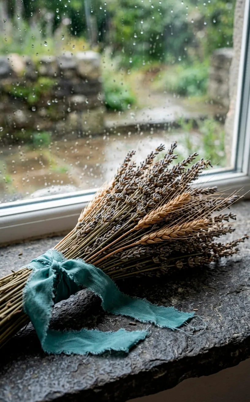 Dried lavender and wheat tied with ribbon on a dark stone windowsill with rain.