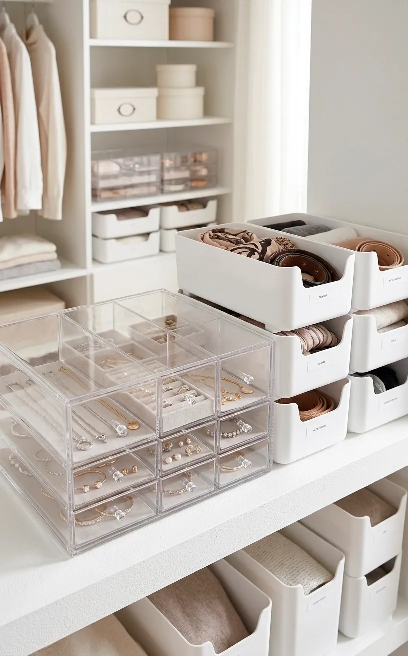Clear acrylic closet organizers and white bins on a bright shelf.