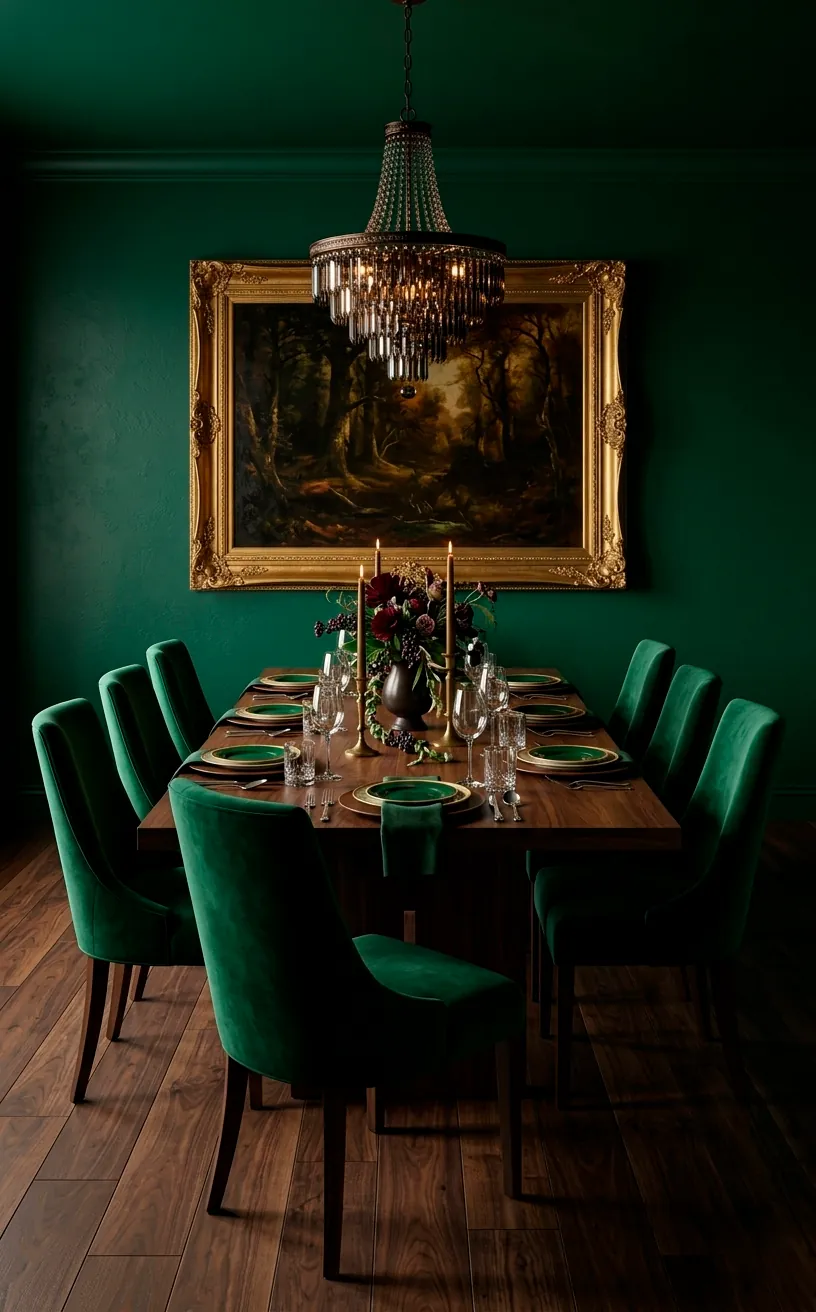 Emerald green dining room with rich walnut furniture and gold accents.
