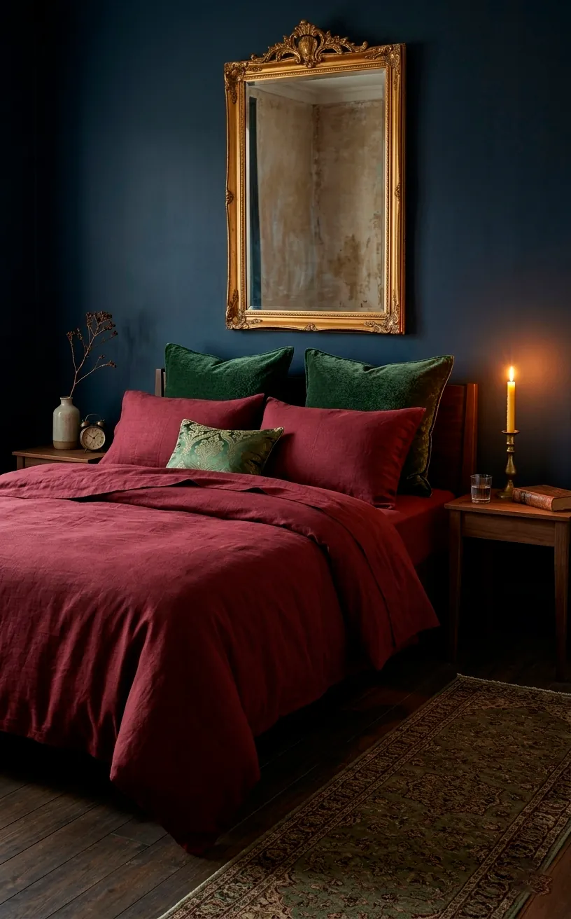 Moody bedroom with burgundy linen bedding and forest green accents.