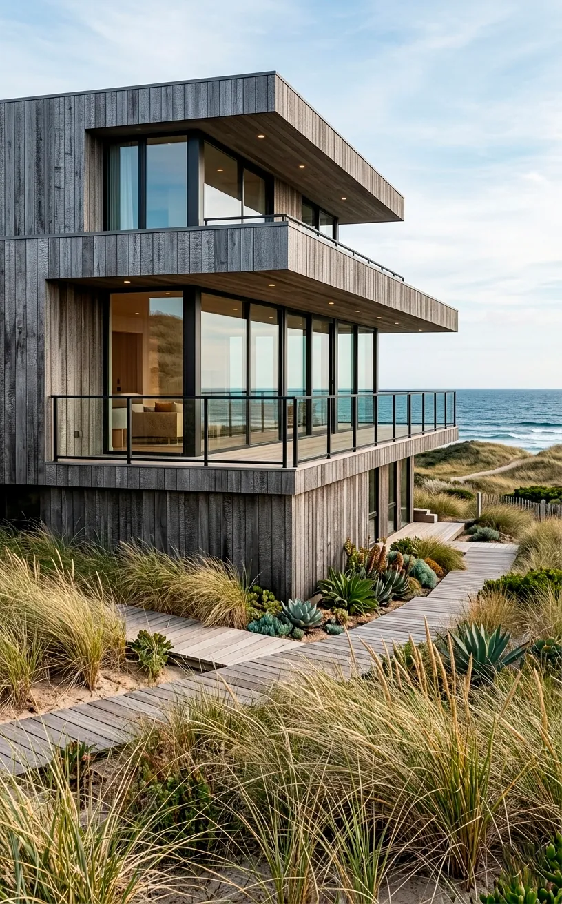Coastal home with weathered silver charred wood siding.
