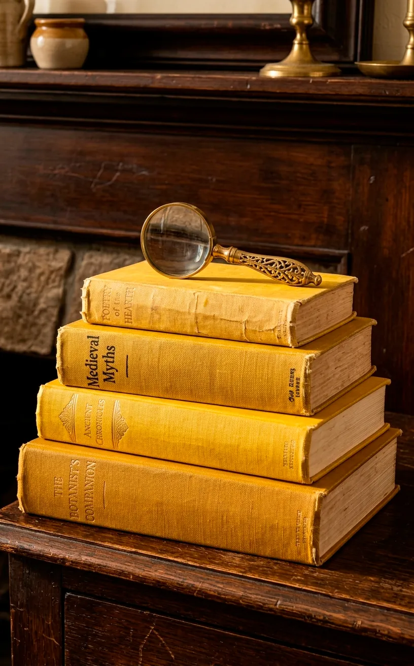 Stack of vintage books with yellow covers on a fireplace mantle.