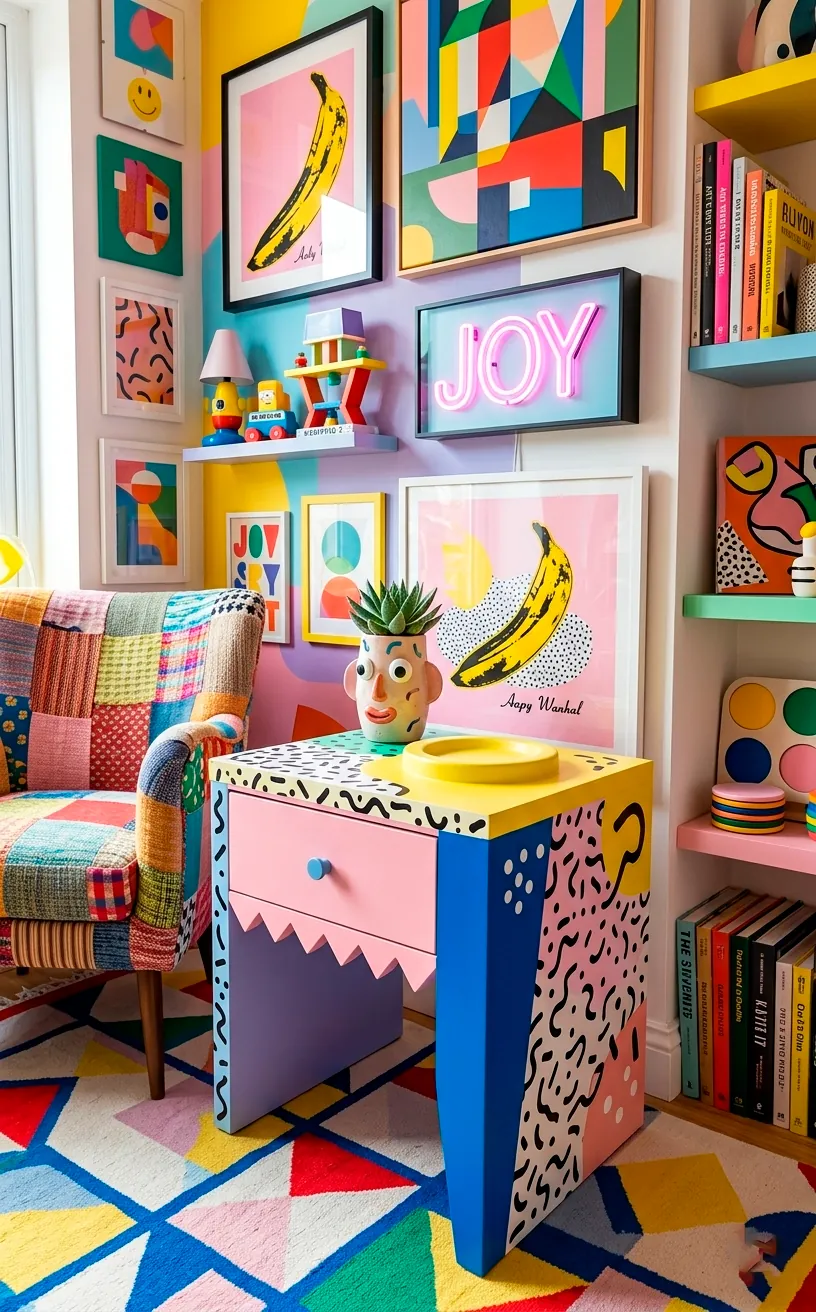 Vibrant Memphis design inspired side table with colorful geometric shapes and squiggles.
