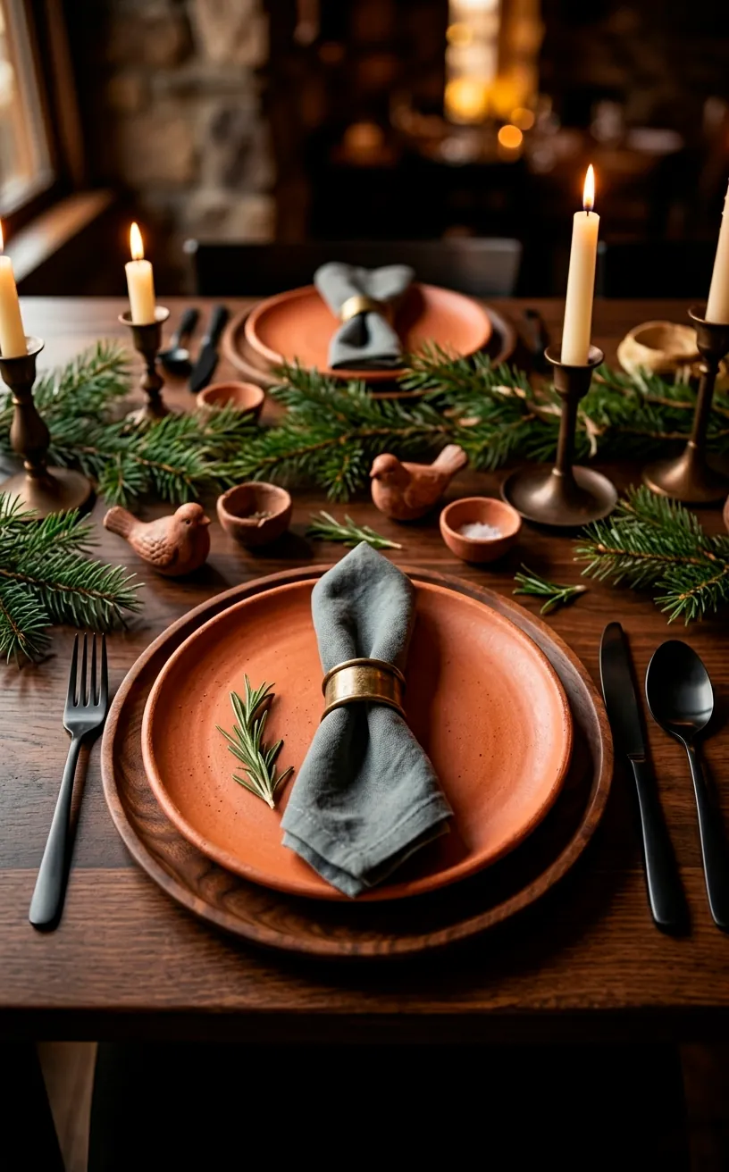 Modern holiday table setting with terracotta stoneware and black cutlery.
