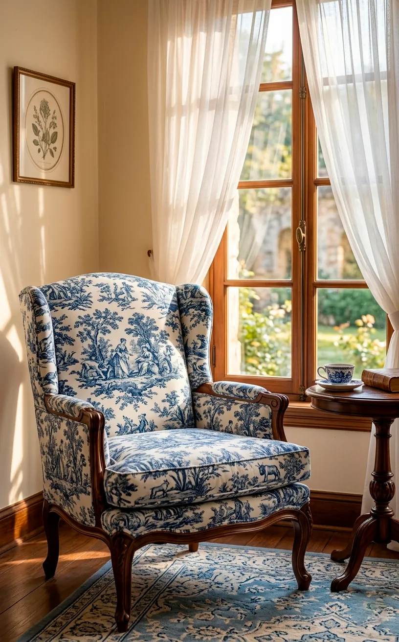 Blue and white Toile de Jouy accent chair in a sunny corner.