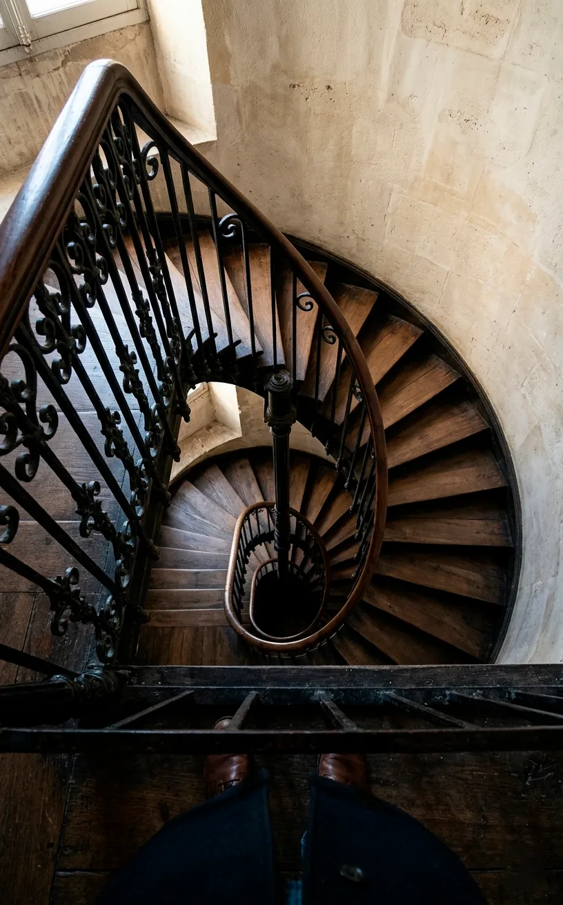 Looking up at the geometric spiral of a modern white staircase handrail against a loft ceiling.