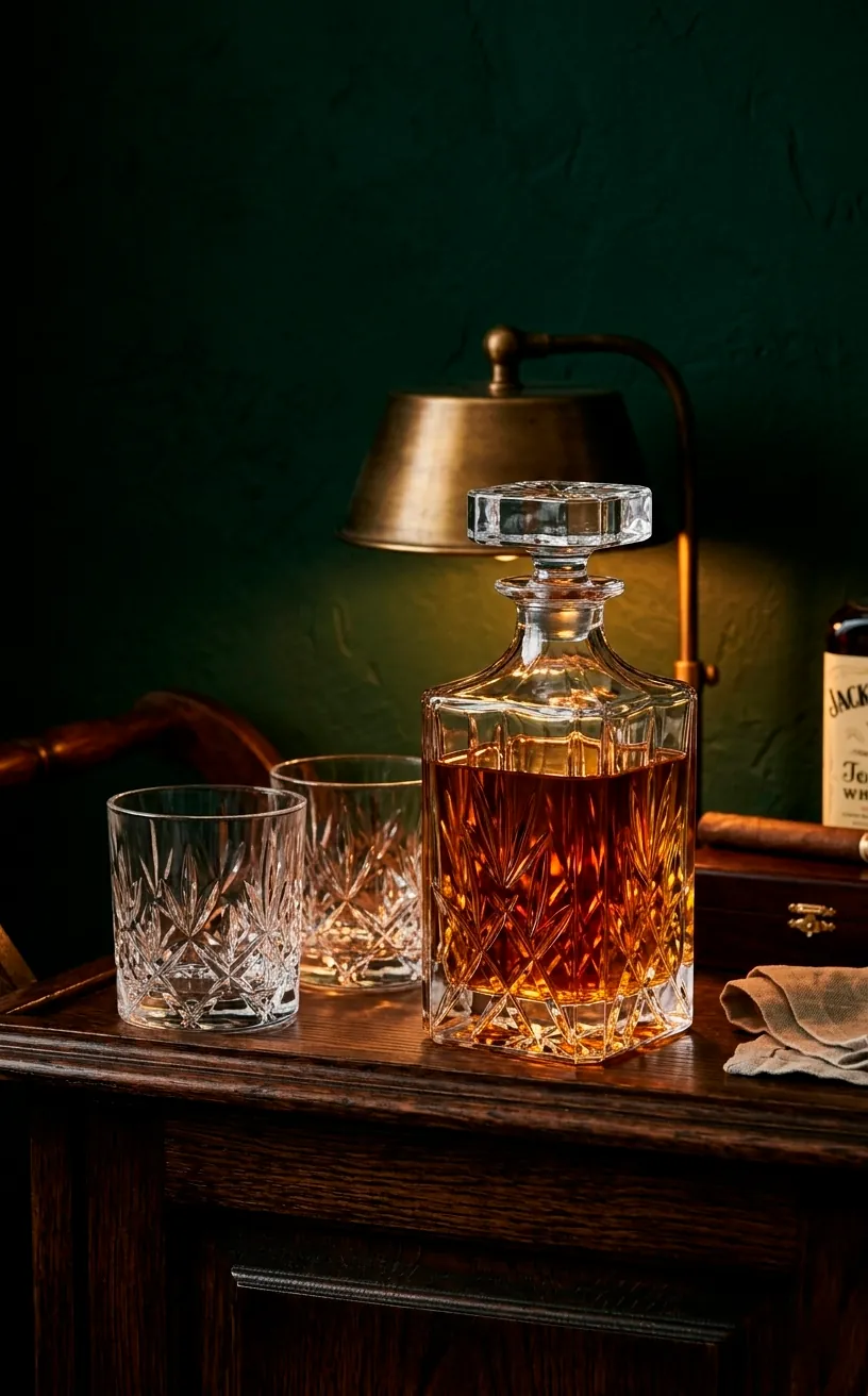 Vintage crystal whiskey decanter on a dark bar cart.
