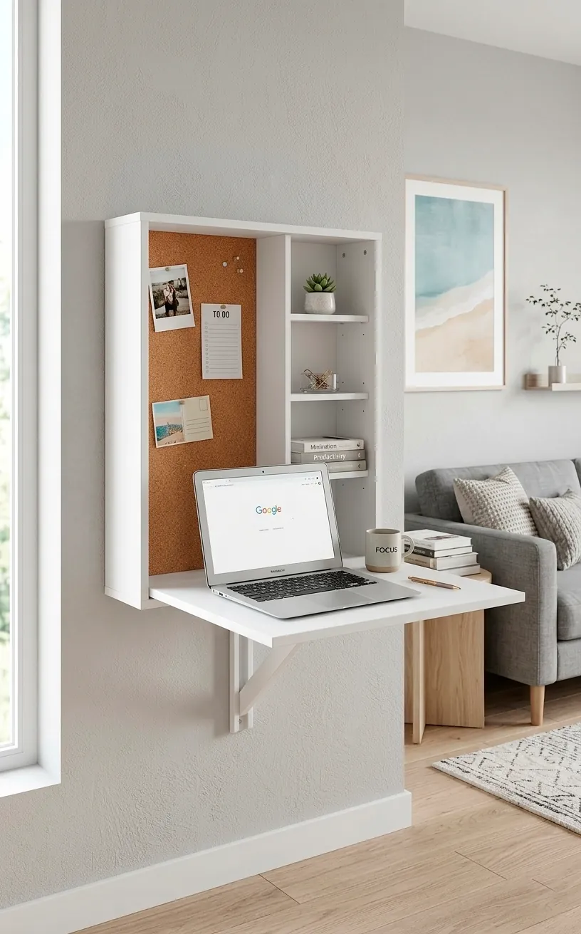 Wall-mounted white Murphy desk unfolded to reveal a workspace and shelves in a living room.