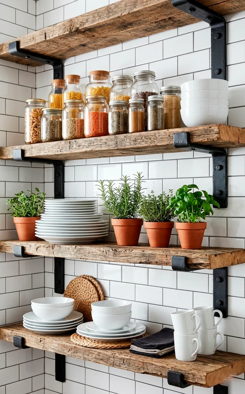 Reclaimed wood shelves with heavy black steel brackets in a kitchen.