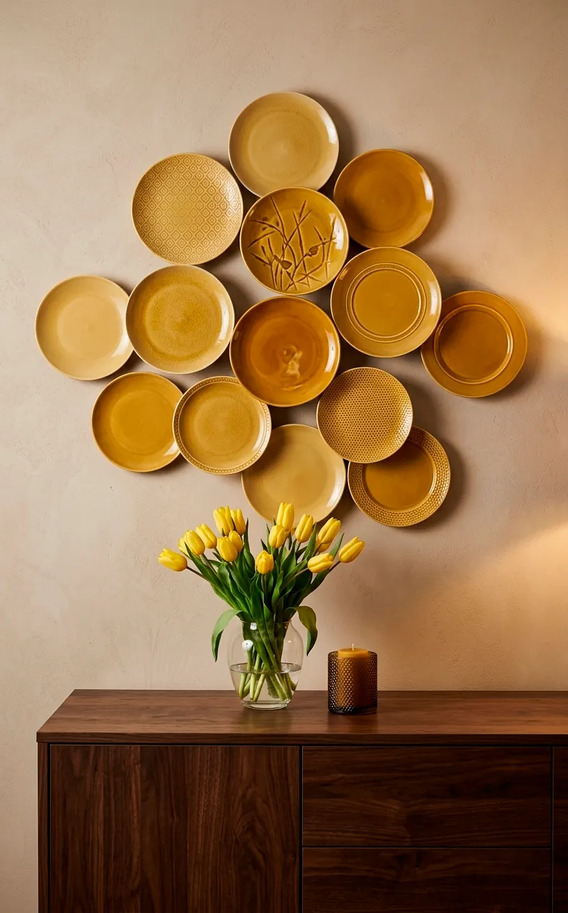 Artistic arrangement of mustard yellow ceramic plates on a dining room wall.