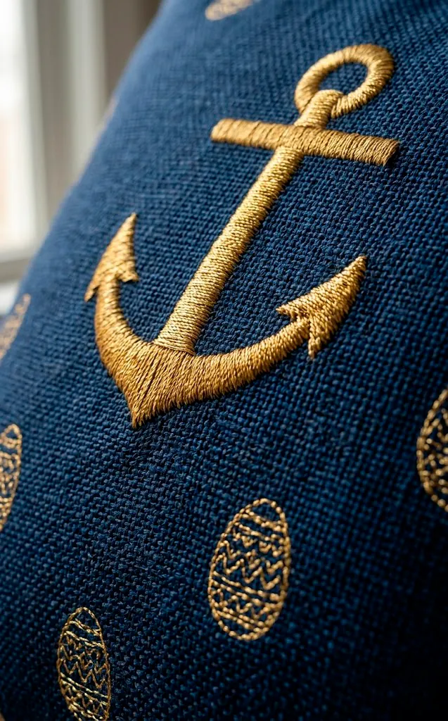 Detail of gold embroidery on a navy linen pillow cover.