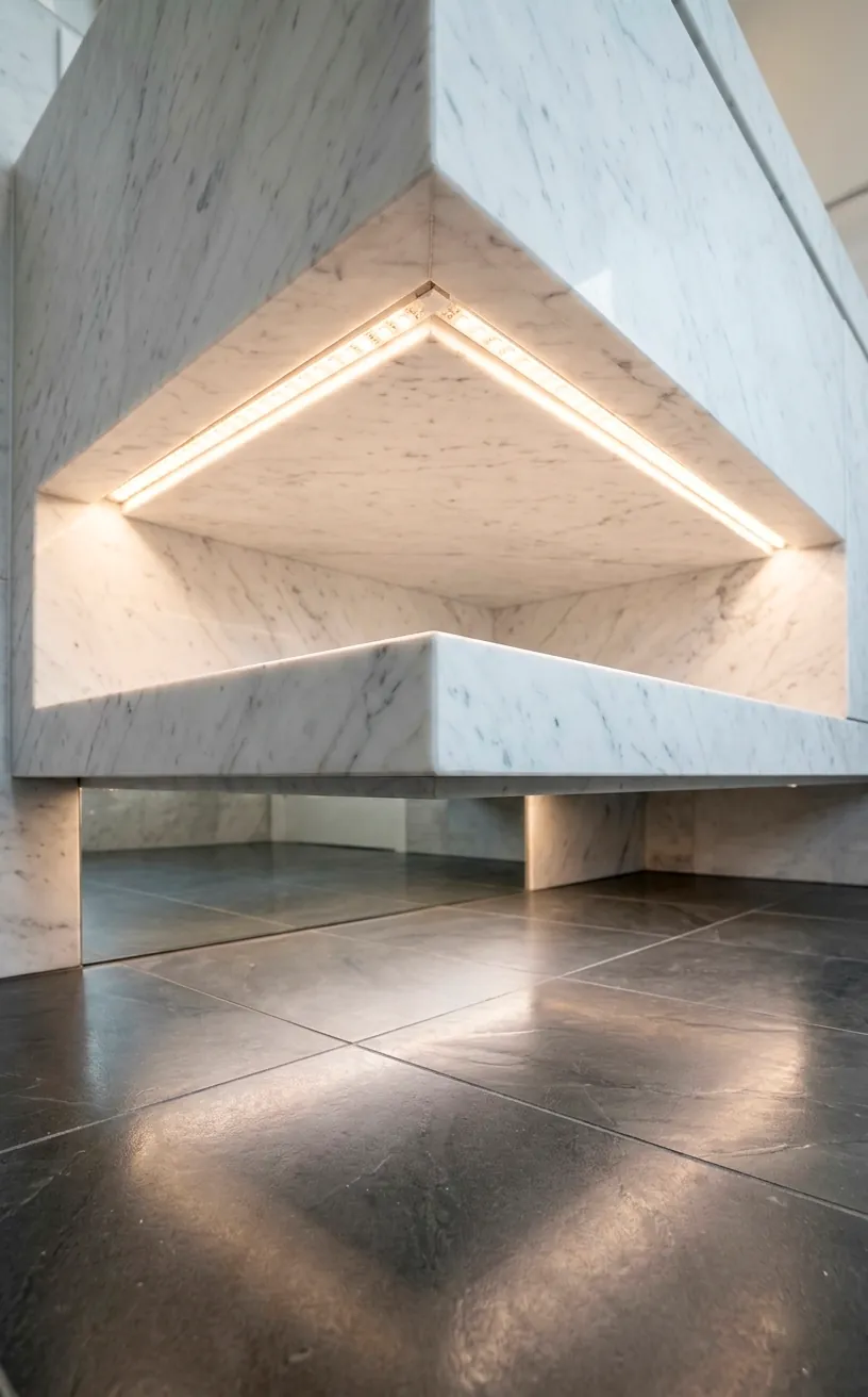 Under-vanity LED lighting effect on a floating marble sink in a contemporary bathroom.
