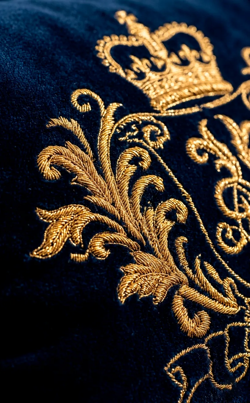 Detailed view of gold embroidery on a premium navy blue velvet throw pillow.